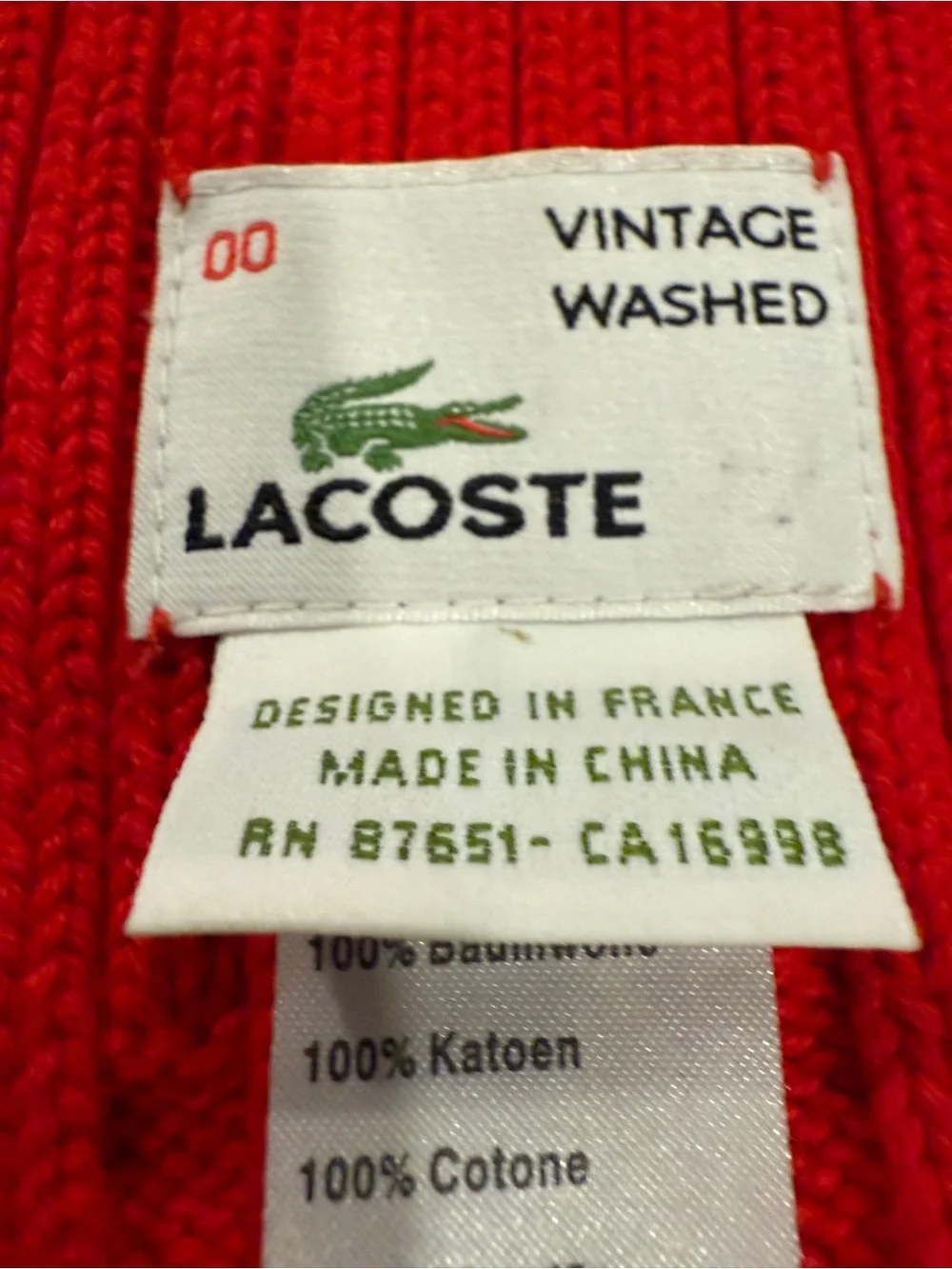 Lacoste Red Ribbed Knit Scarf with Crocodile Logo